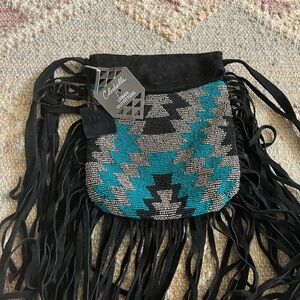 Cleobella Black and Blue Beaded Crossbody Bag with Fringe